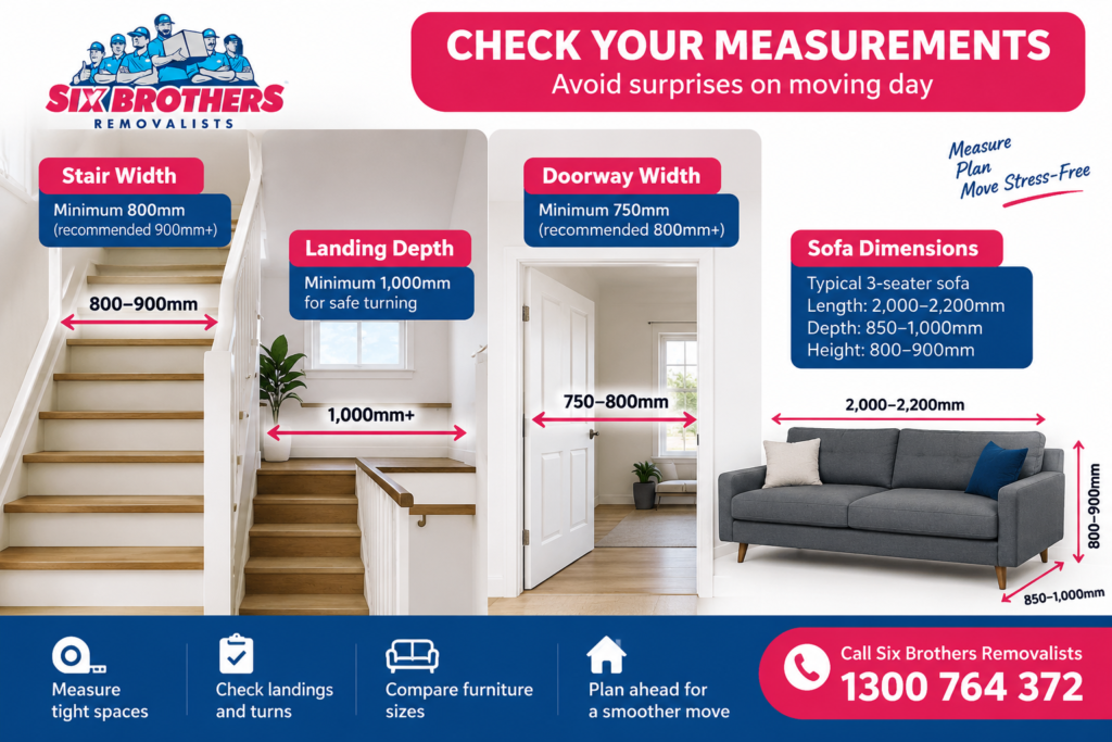 Three-storey house moving costs Sydney measurement guide by Six Brothers Removalists for stairs, doors and sofa access.