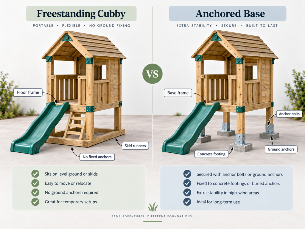 Freestanding versus anchored cubby diagram for trampoline moving cost Sydney by Six Brothers Removalists