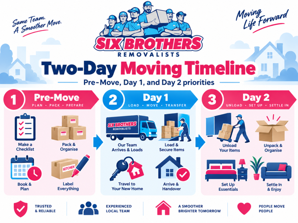 Two-day house move Sydney timeline by Six Brothers Removalists showing pre-move, day one, and day two priorities.