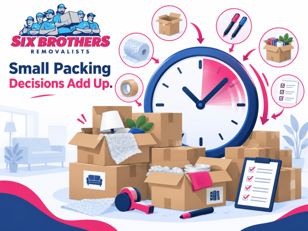 Two-day house move Sydney image by Six Brothers Removalists showing a clock, boxes, and packing choices that consume time.