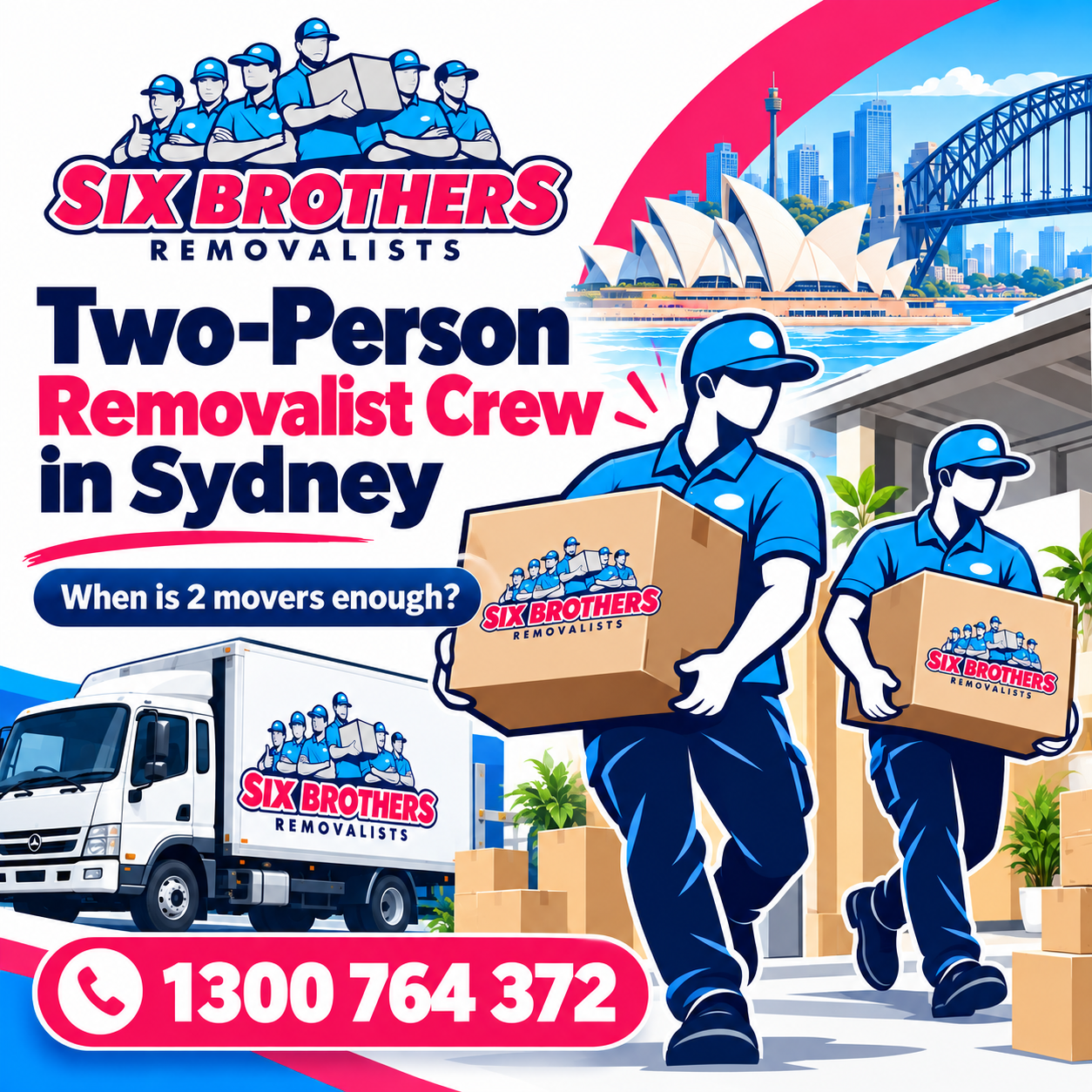 Two-person removalist crew in Sydney illustrated as silhouettes carrying boxes for Six Brothers Removalists.