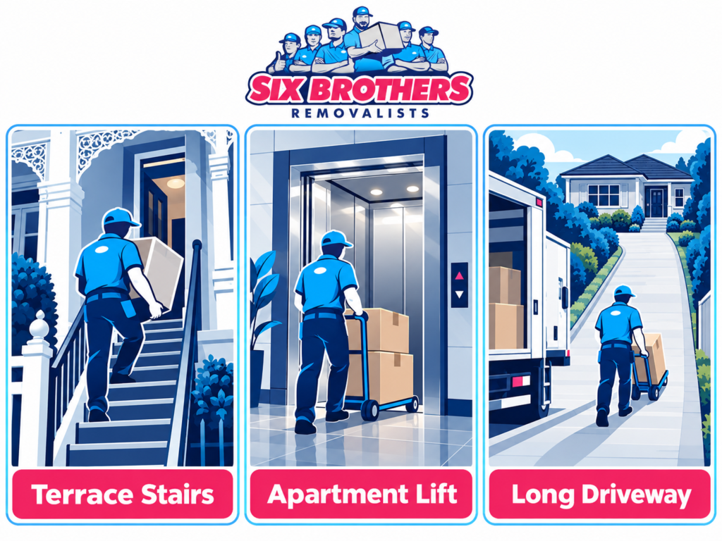 Six Brothers Removalists diagram of stairs, lift and long driveway for a two-person removalist crew in Sydney.