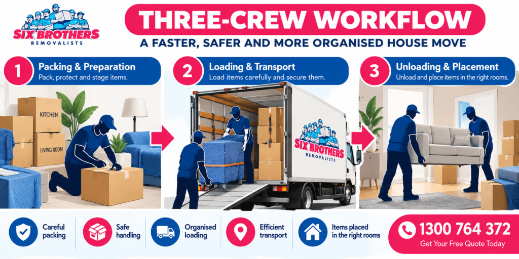 Six Brothers Removalists three-crew workflow diagram showing an alternative to a two-person removalist crew in Sydney.