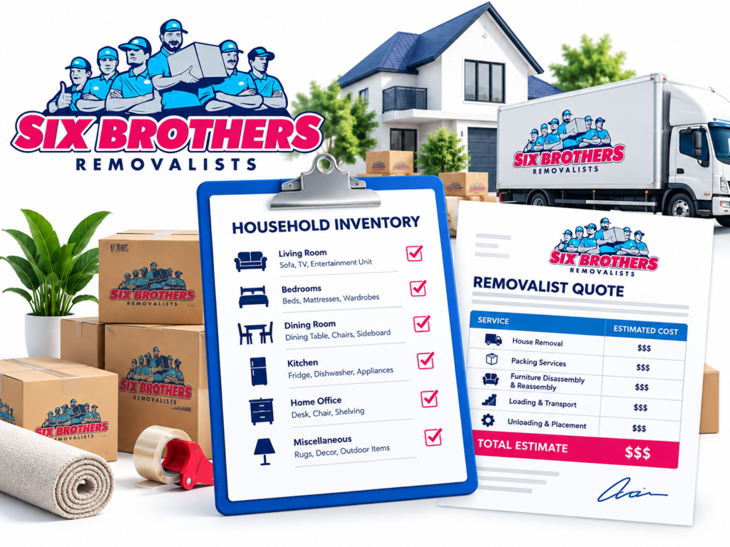 Whole-house removalist booking image by Six Brothers Removalists showing inventory checklist and quote visual.