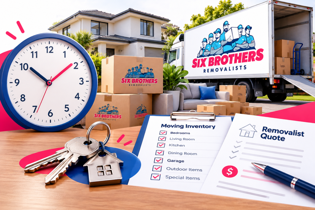 Whole-house removalist booking illustration by Six Brothers Removalists showing house keys, a clock and a removals truck.