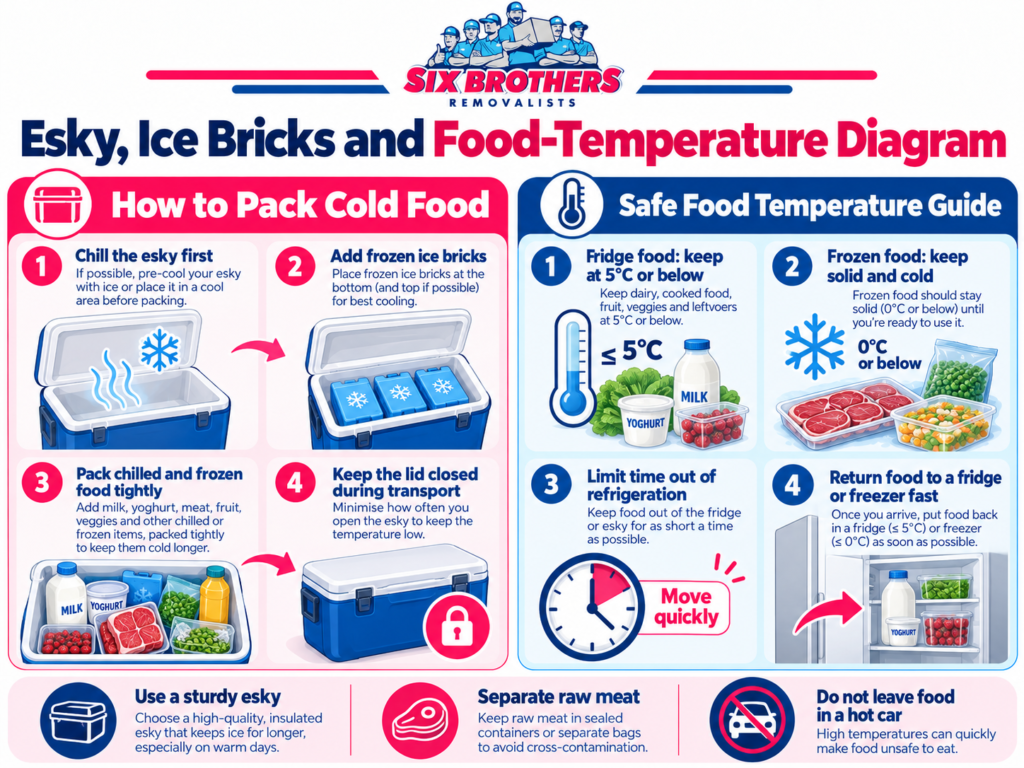 Esky, ice bricks and food-temperature diagram for kitchen packing checklist Sydney by Six Brothers Removalists