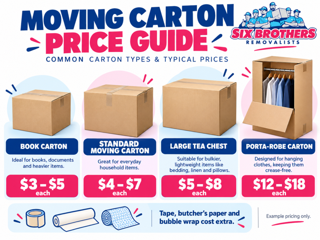 Carton pricing examples for how many boxes for a five-bedroom Sydney house by Six Brothers Removalists.