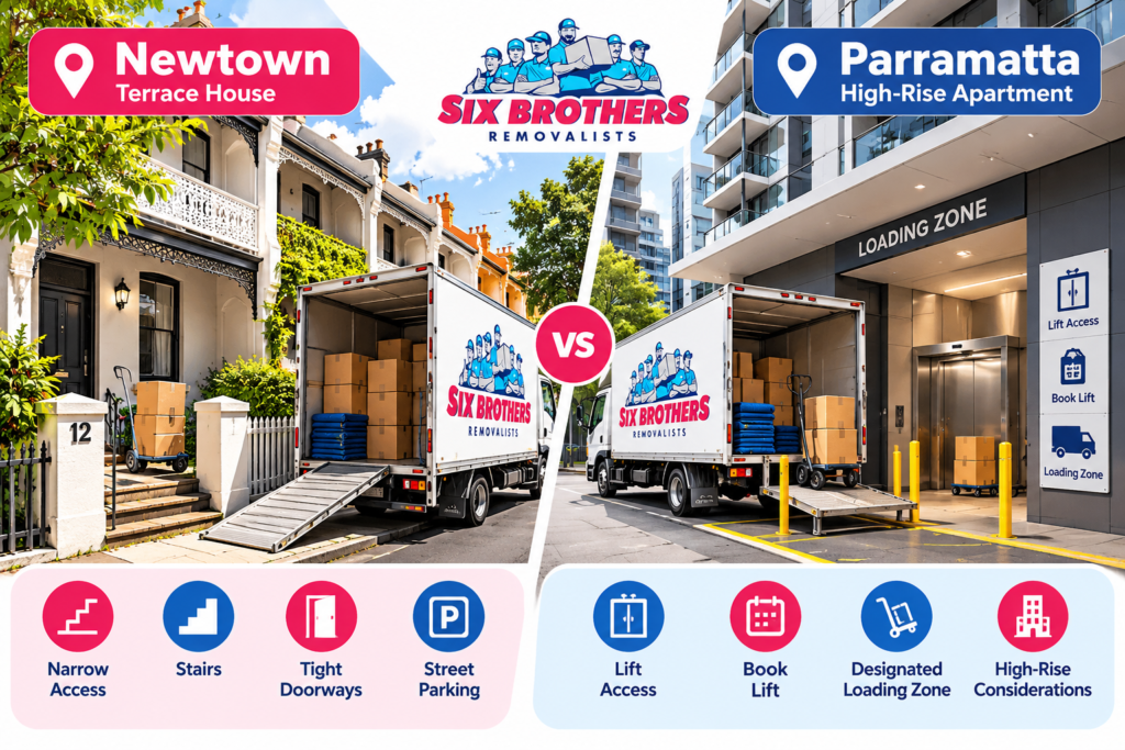Moving house checklist for working couples: Newtown terrace and Parramatta high-rise access by Six Brothers Removalists