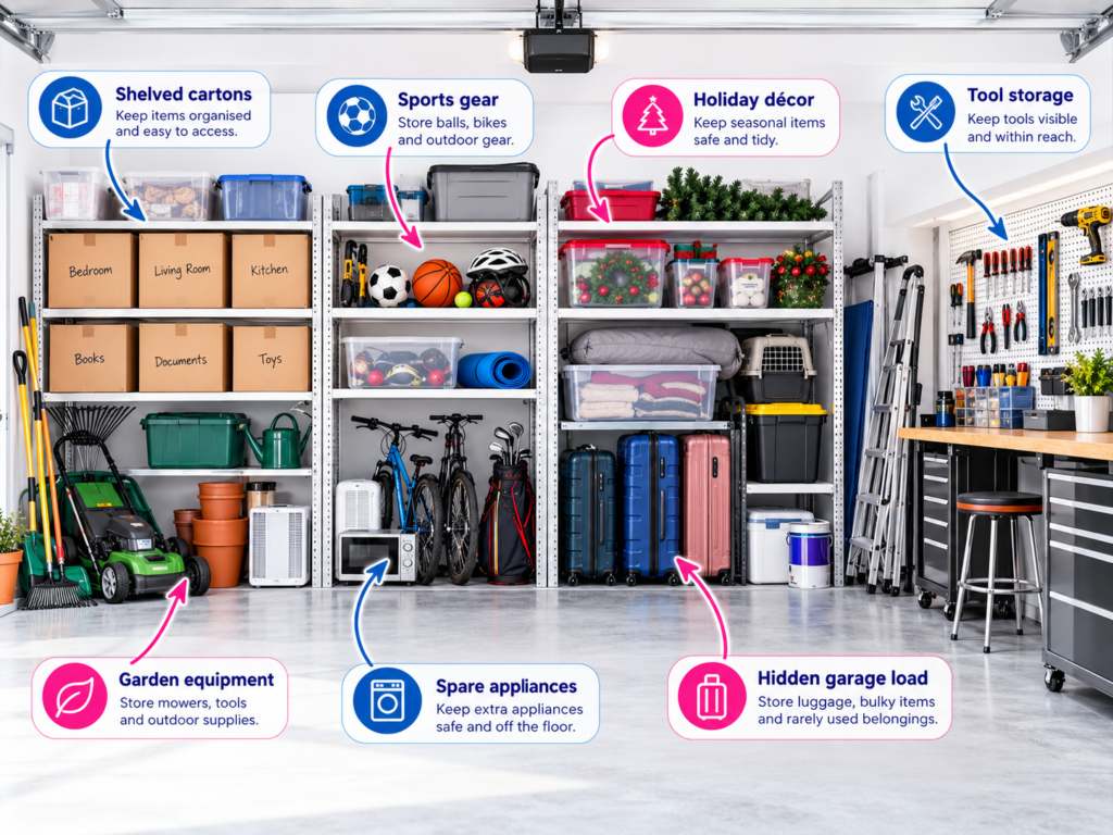 Annotated garage storage image for how many boxes for a five-bedroom Sydney house by Six Brothers Removalists.