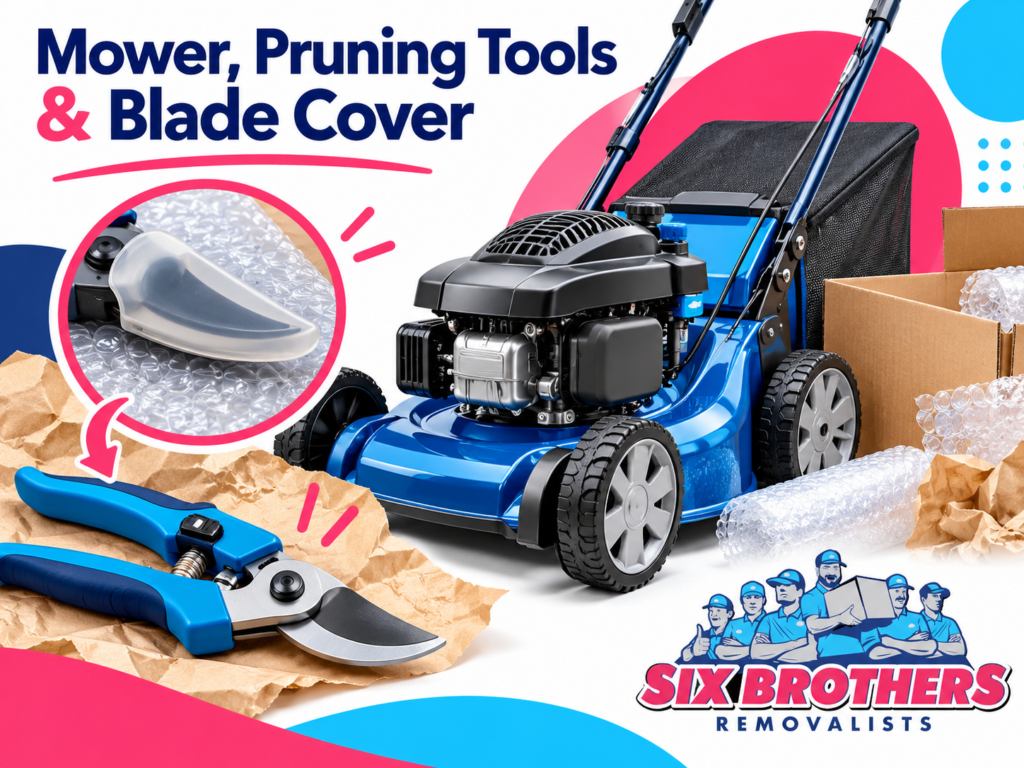 How to pack garden tools for moving image by Six Brothers Removalists showing mower, pruning tools and blade cover.