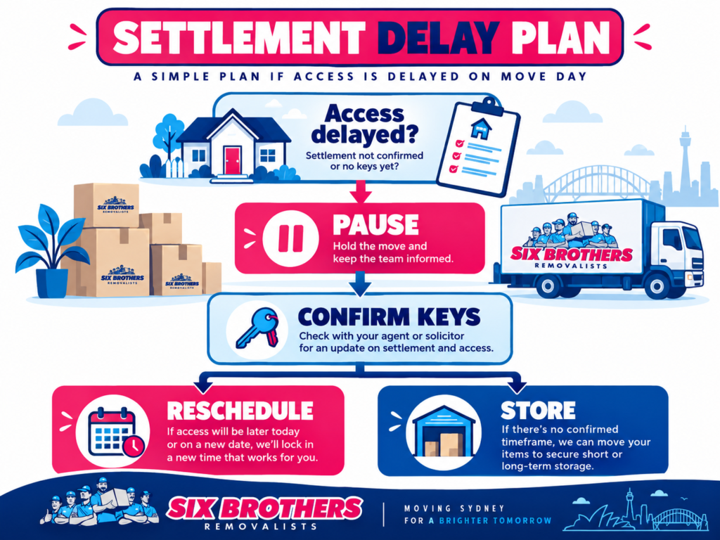 Settlement to move day plan Sydney decision tree showing pause, confirm keys, reschedule or store by Six Brothers Removalists