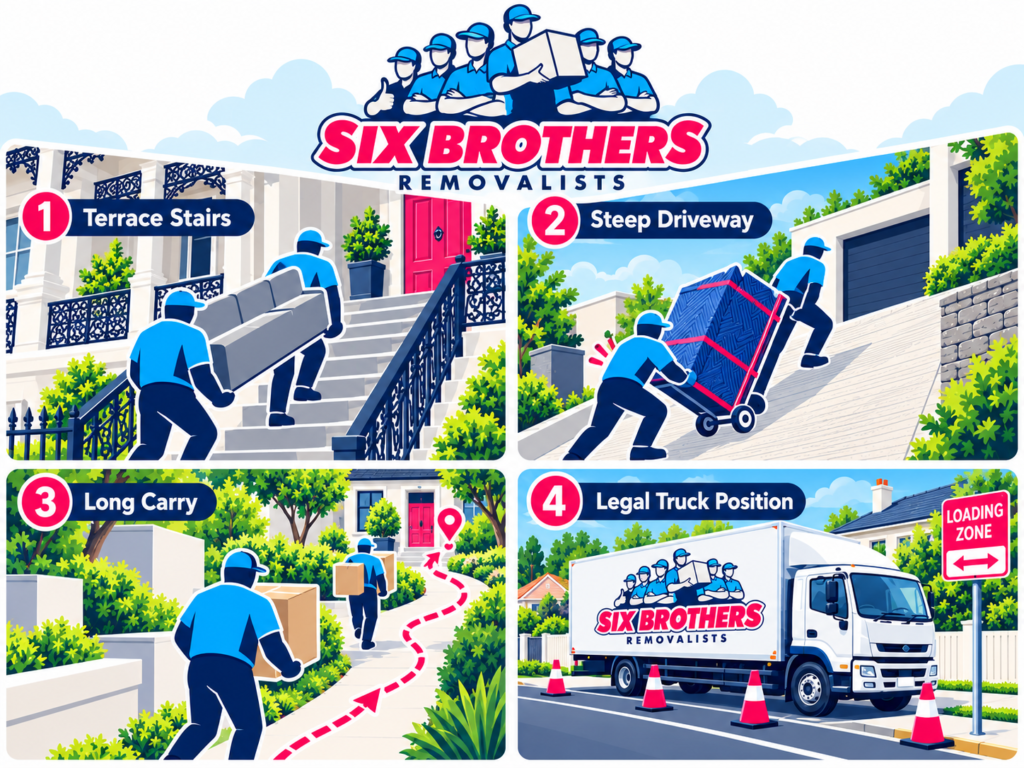 House removalist Sydney infographic by Six Brothers showing terrace stairs, steep driveways, long carries and truck access.
