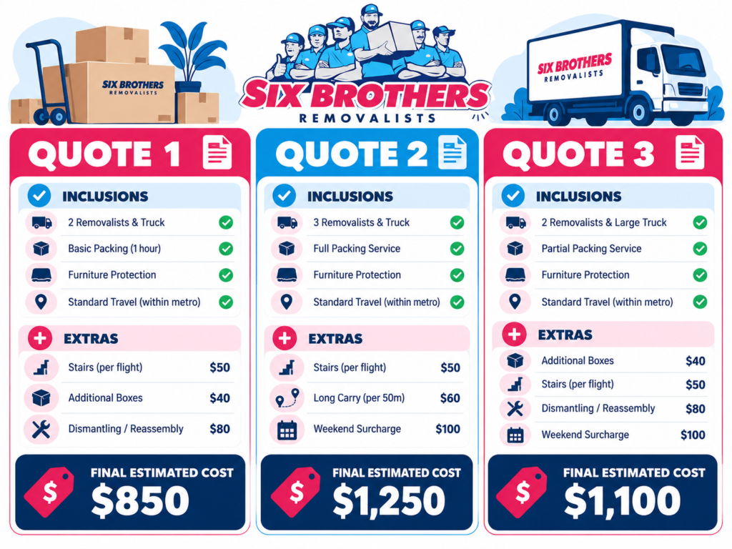Sydney house removalist vetting checklist quote comparison by Six Brothers Removalists showing inclusions, extras and costs