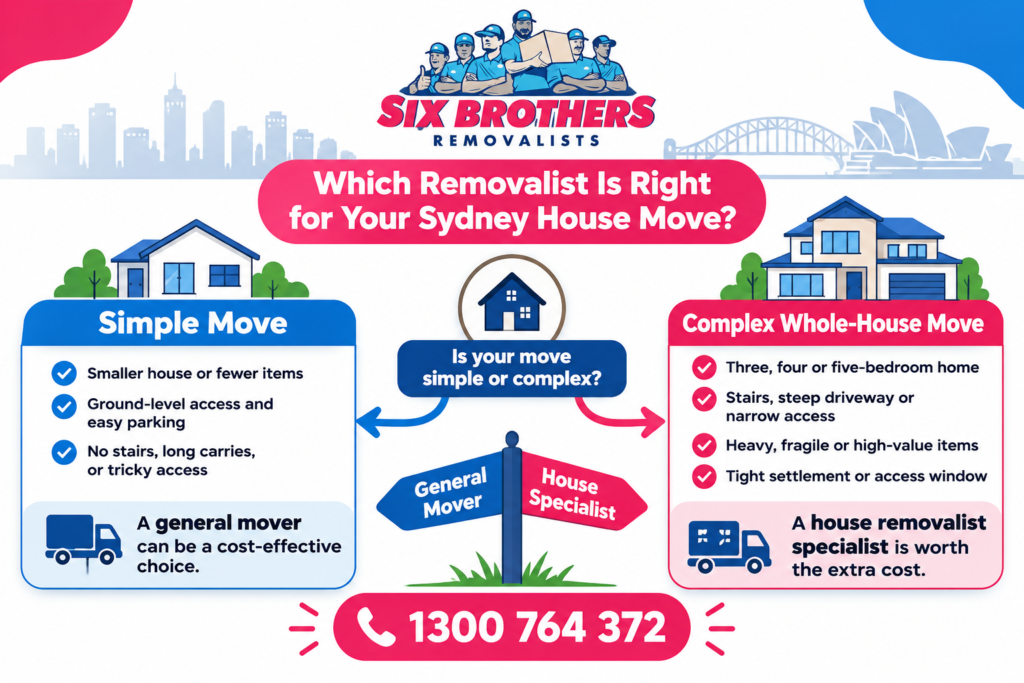 House removalist Sydney decision graphic by Six Brothers comparing a simple move with a complex whole-house removal.