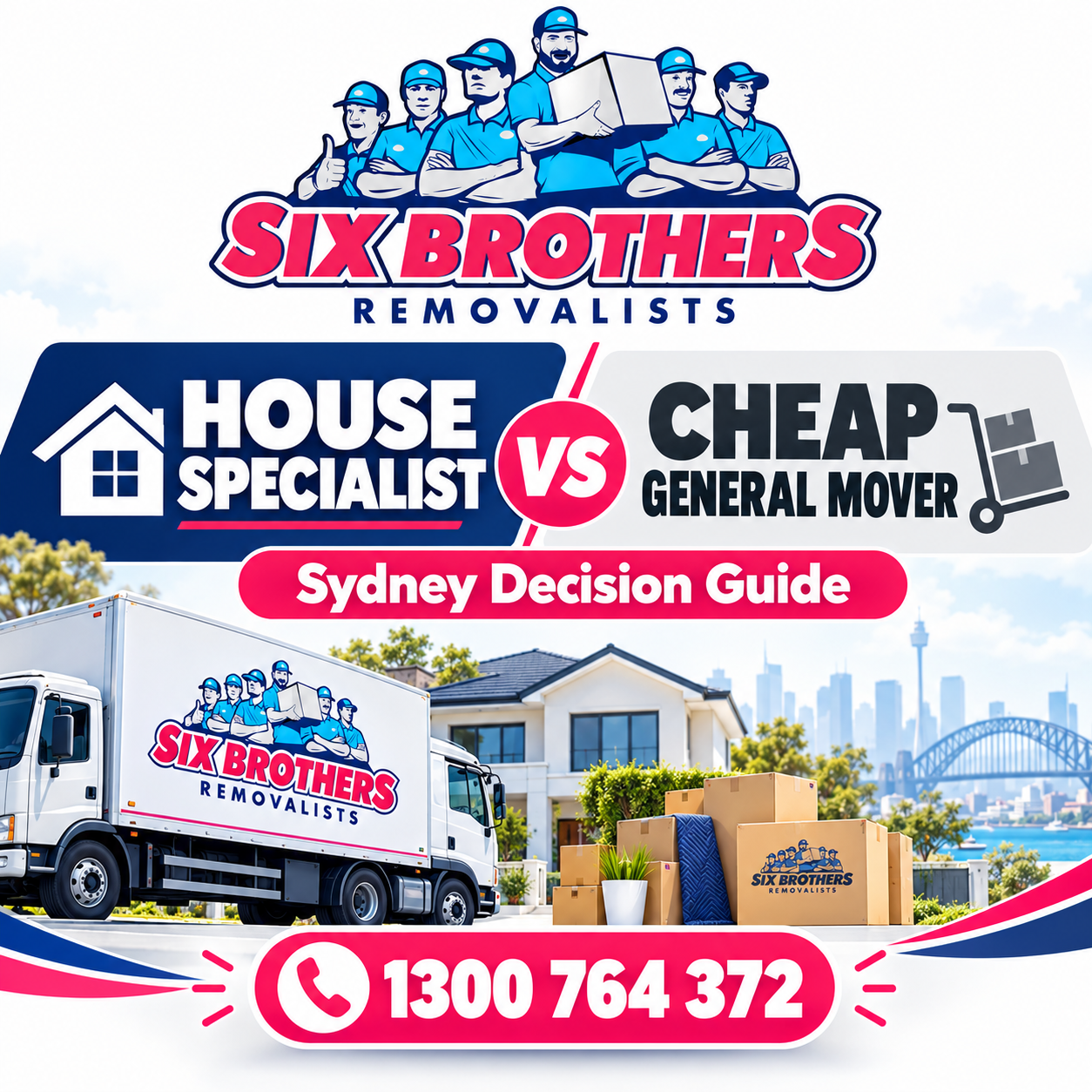 House removalist Sydney comparison graphic by Six Brothers Removalists showing a house specialist versus a cheap general mover.