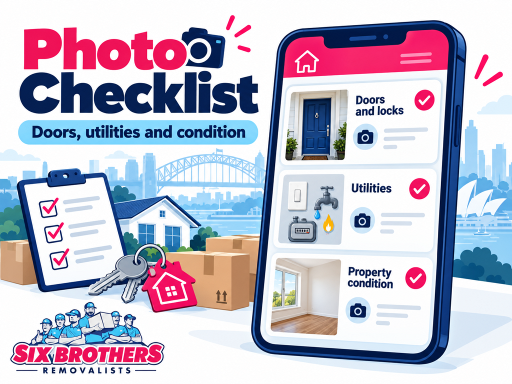Settlement to move day plan Sydney photo checklist for doors, utilities and property condition by Six Brothers Removalists