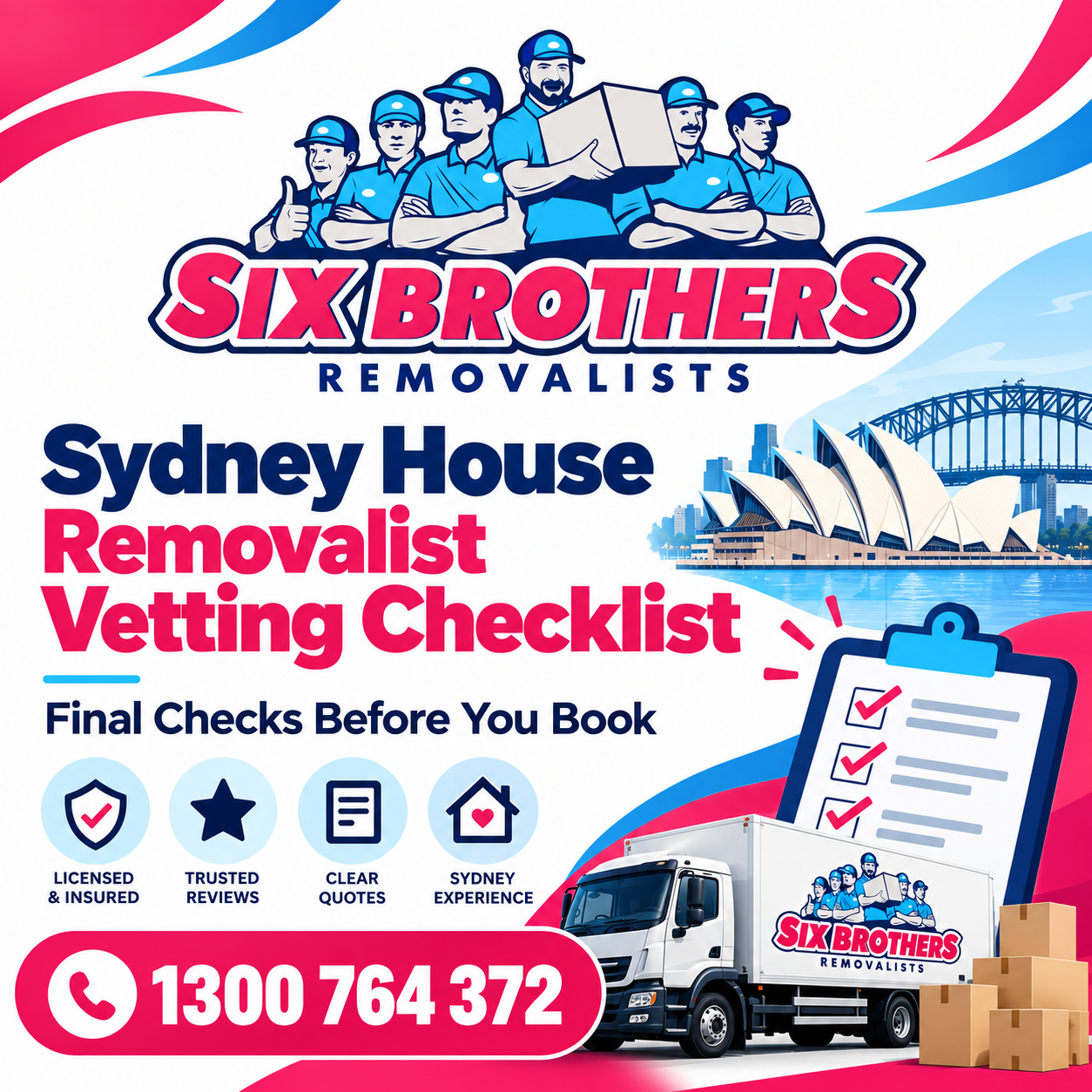 Sydney house removalist vetting checklist by Six Brothers Removalists with checklist, truck and Sydney landmarks