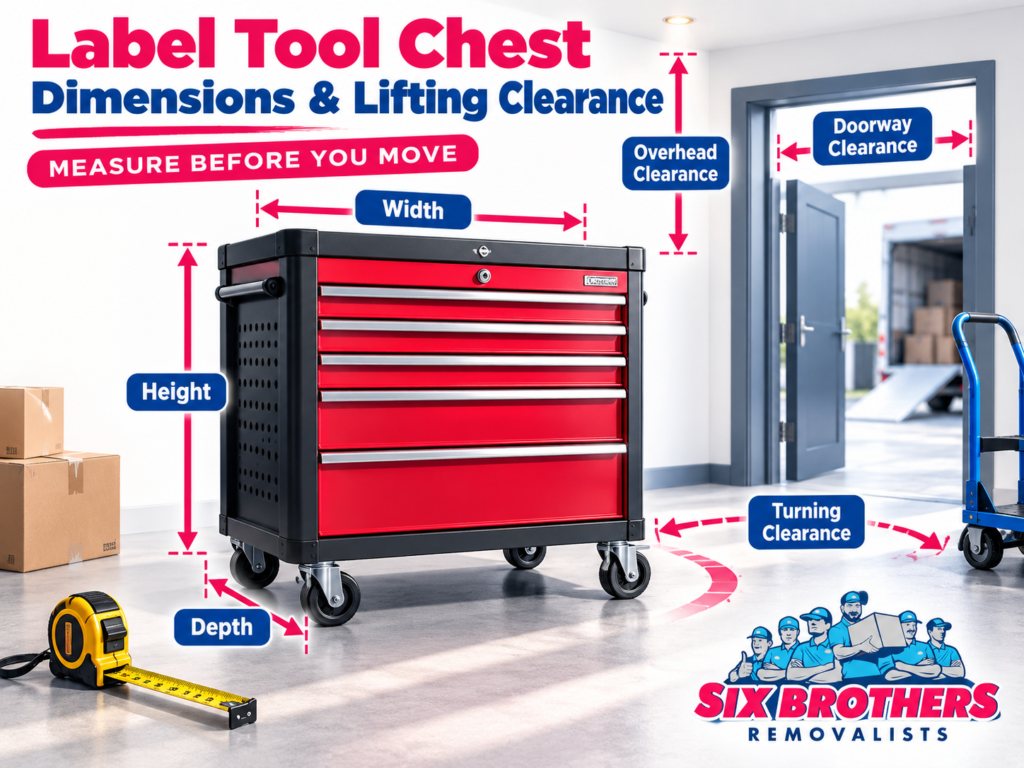 How to pack garden tools for moving image by Six Brothers Removalists showing tool chest dimensions and lifting clearance.