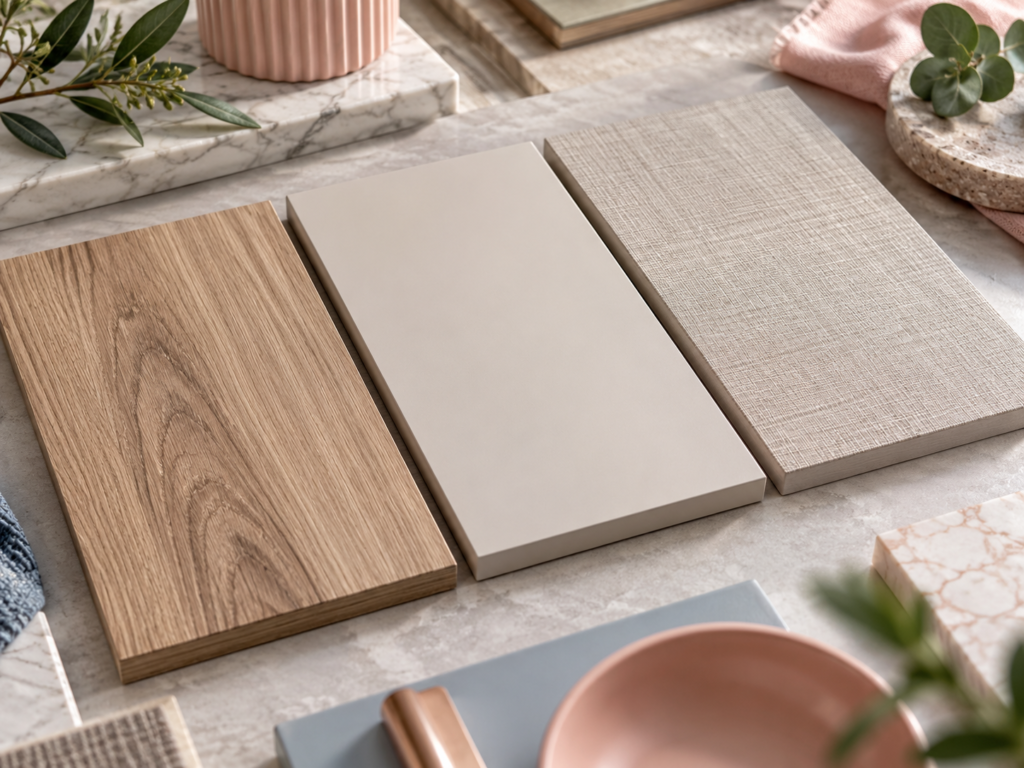 Built-in furniture wrapping Sydney sample image showing woodgrain, ultra-matte and linen film finishes by Six Brothers Removalists