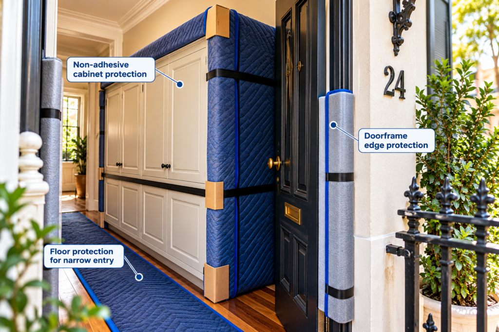Built-in furniture wrapping Sydney with padded cabinetry, protected doorway and floor by Six Brothers Removalists