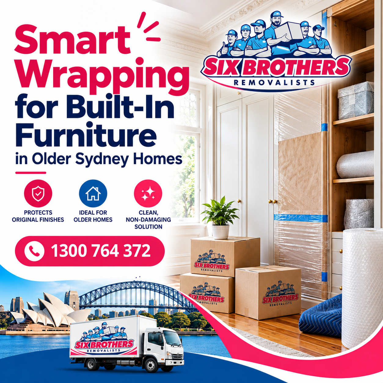Built-in furniture wrapping Sydney featured image showing protected cabinetry by Six Brothers Removalists