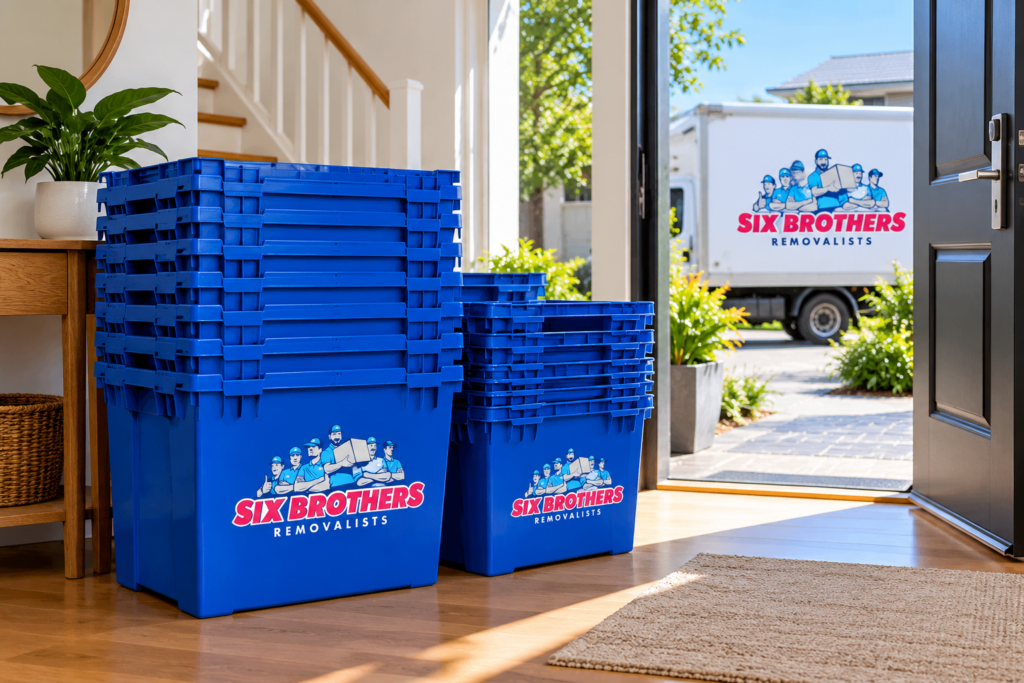 Eco crate hire bundles Sydney showing nested blue crates at an entrance with a Six Brothers Removalists truck outside.