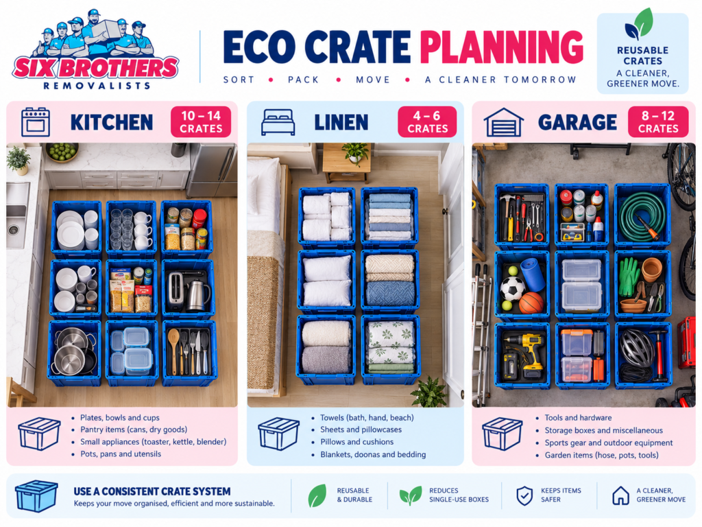 Eco crate hire bundles Sydney diagram showing kitchen, linen and garage crate allocations by Six Brothers Removalists.