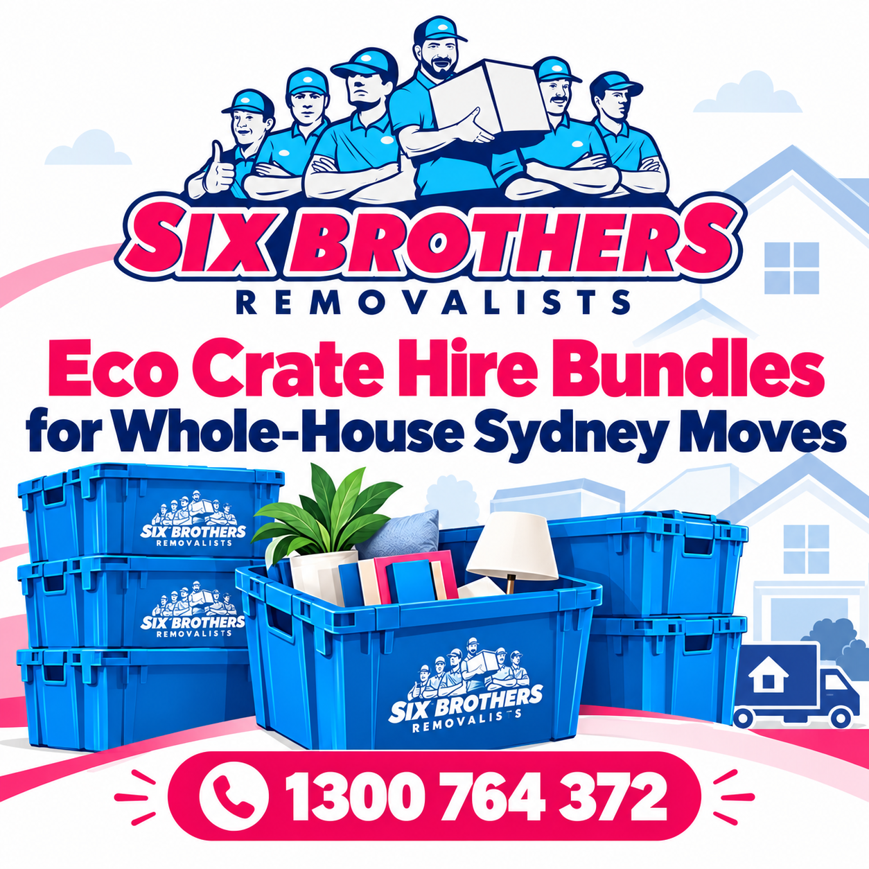 Eco crate hire bundles Sydney featured image with blue reusable moving crates and Six Brothers Removalists branding.