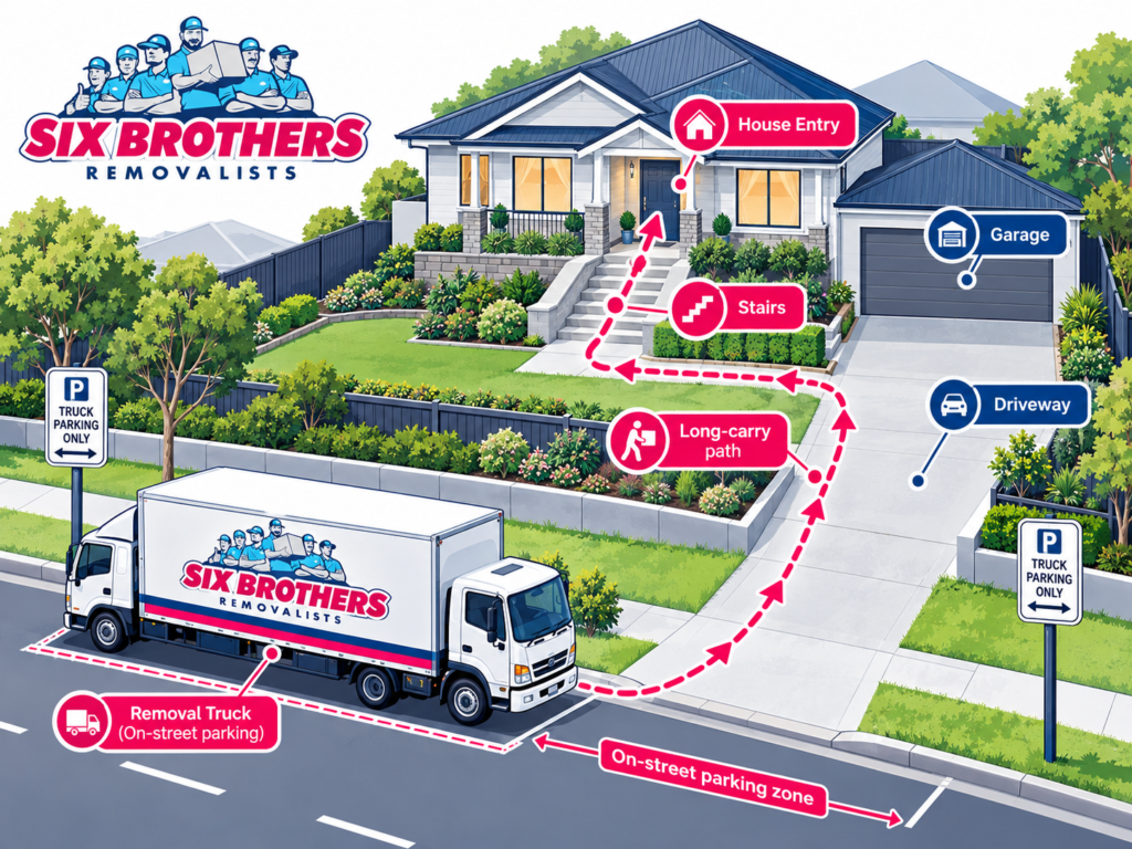 Five-bedroom house removalist Sydney access plan by Six Brothers Removalists showing driveway, stairs, parking and carry path