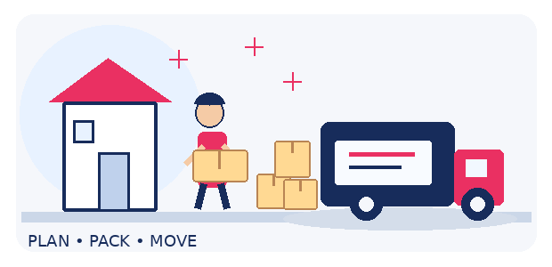 Animated guide to how many boxes for a five-bedroom Sydney house by Six Brothers Removalists, with a mover and truck.