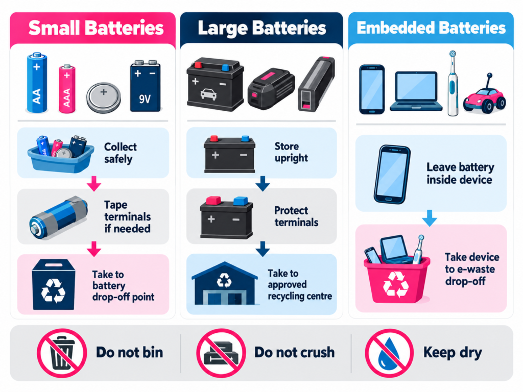 Garage clearout checklist Sydney by Six Brothers Removalists showing safe recycling routes for three battery types.