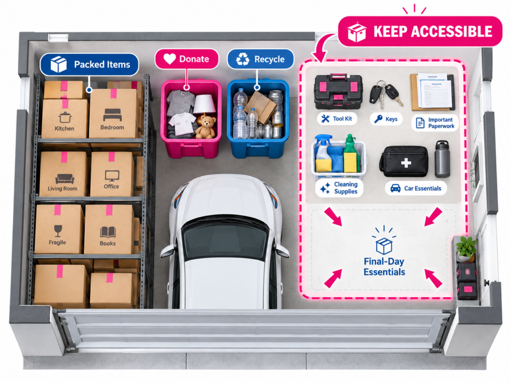 Garage clearout checklist Sydney by Six Brothers Removalists showing a garage floor plan with a Keep Accessible corner.