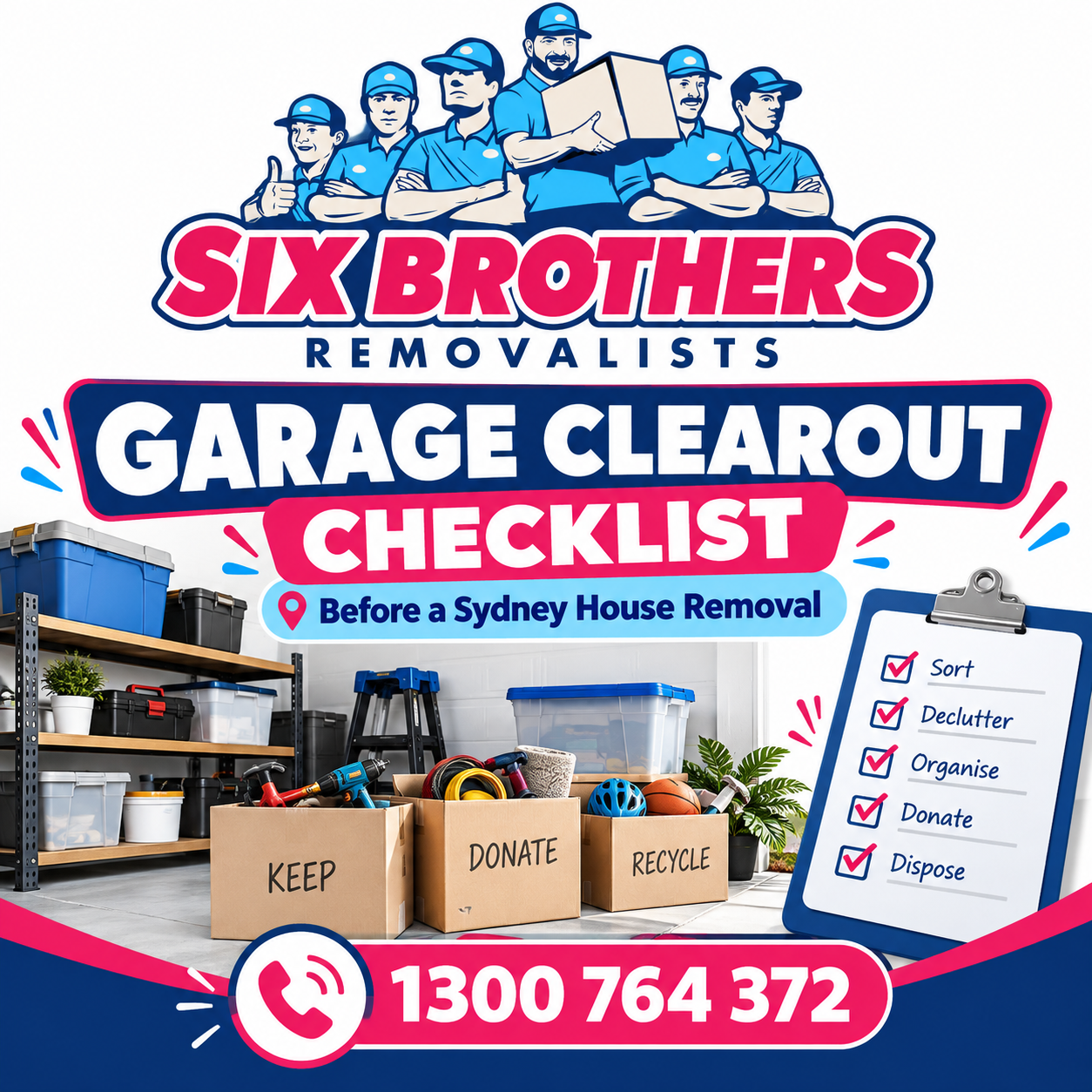 Garage clearout checklist Sydney by Six Brothers Removalists featuring garage storage, sorting boxes and a checklist.