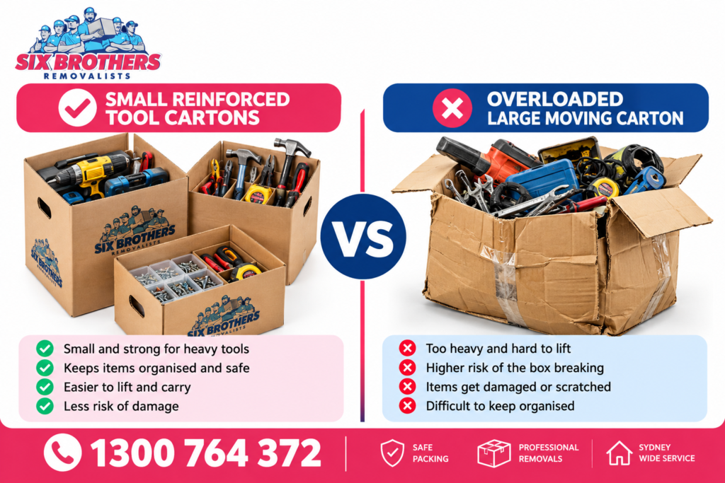 Garage Packing Materials Sydney Homeowners Underbuy: reinforced tool cartons vs overloaded box | Six Brothers Removalists