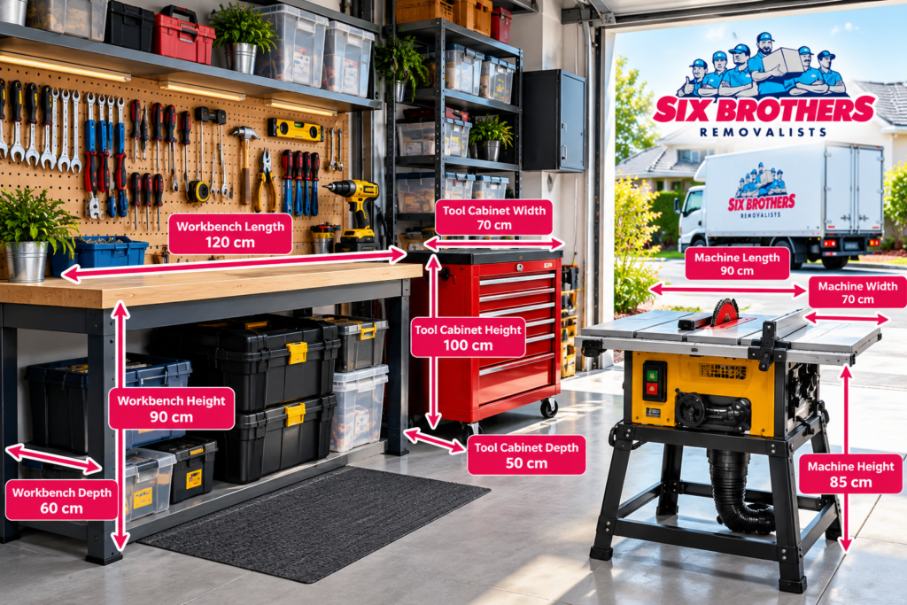 Garage and workshop moving checklist for Sydney house moves by Six Brothers Removalists, showing equipment measurement points.