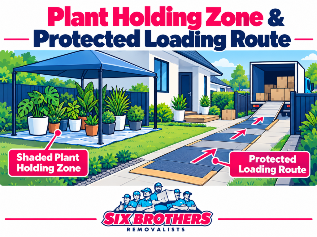 Garden shed outdoor move checklist Sydney by Six Brothers Removalists showing shaded plants and a protected loading route.