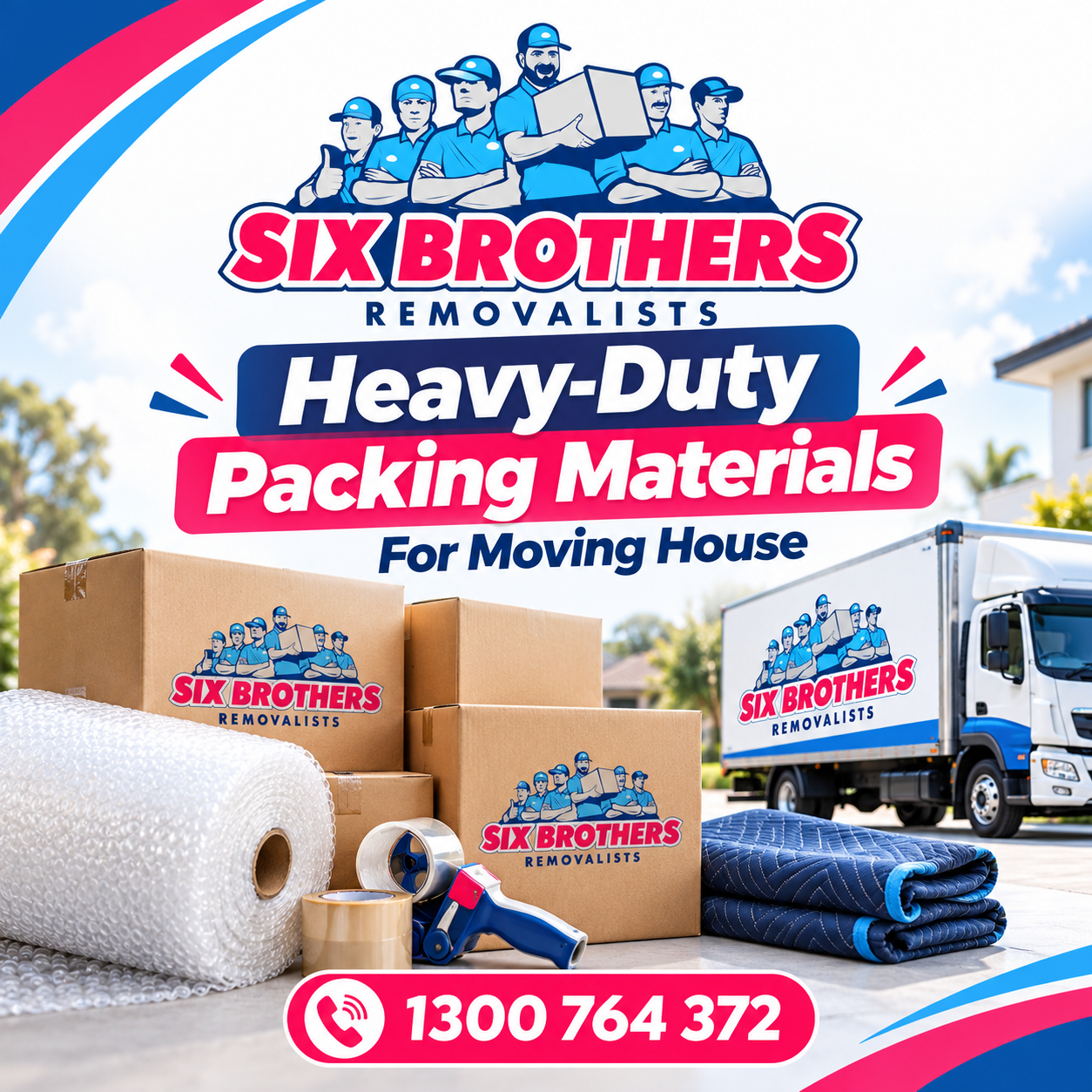 Heavy-duty packing materials for moving house, with boxes, bubble wrap and a truck by Six Brothers Removalists