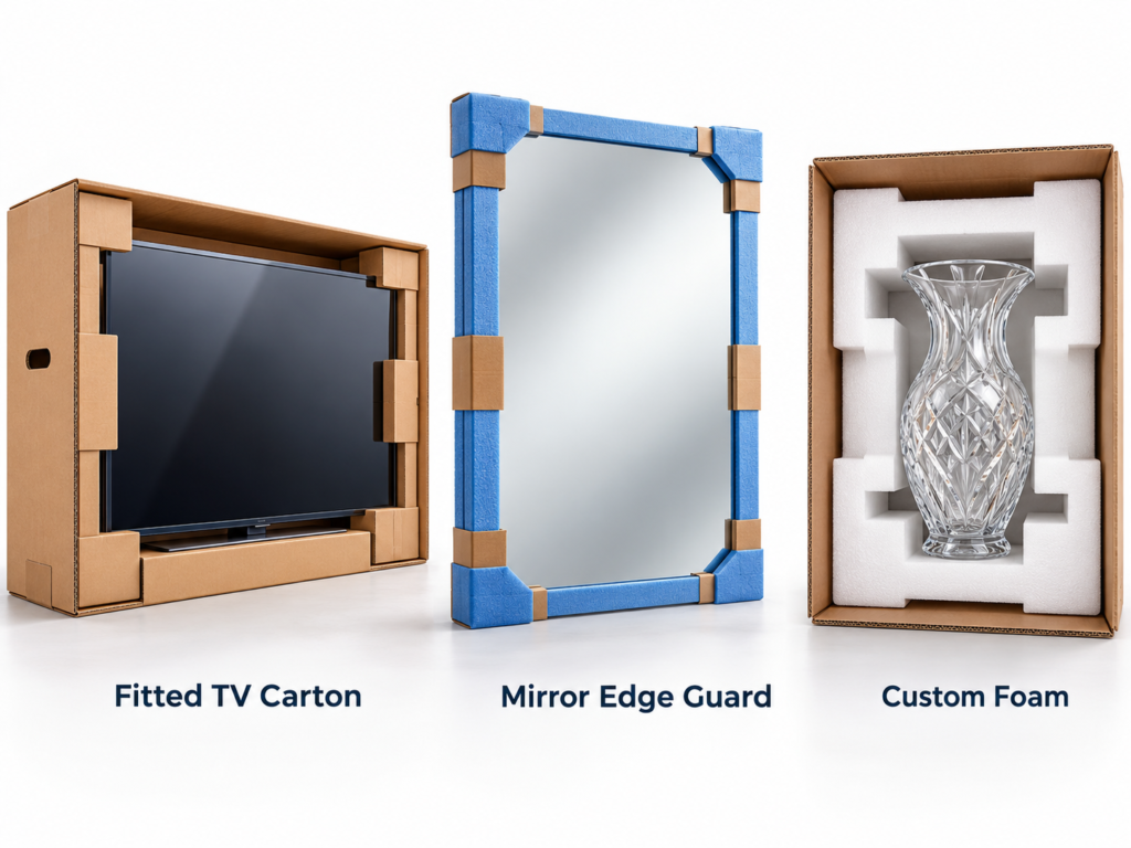 Heavy-duty packing materials for moving house: TV carton, mirror edge guards and custom foam | Six Brothers Removalists