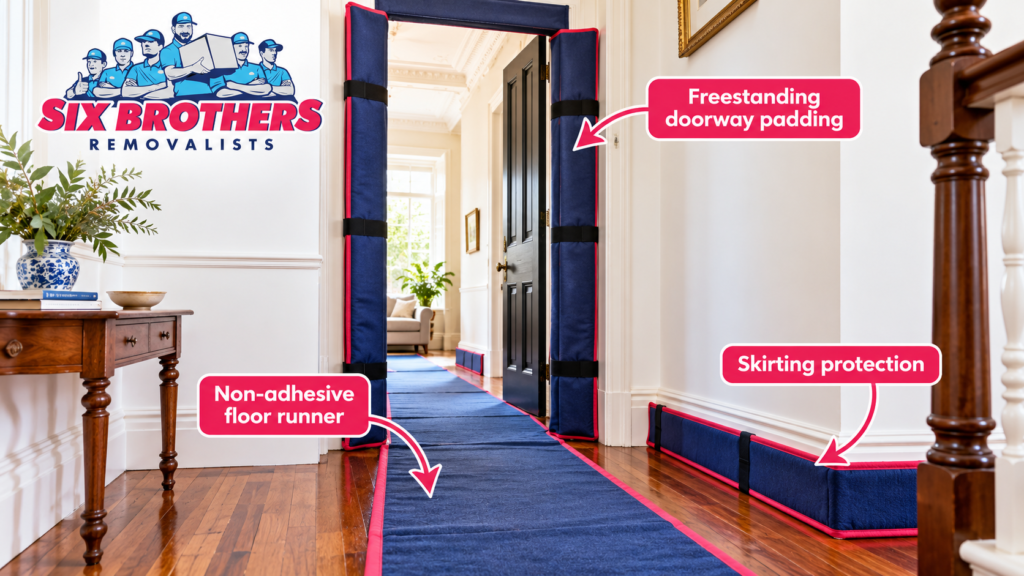 Packing materials for heritage homes by Six Brothers Removalists, showing protective floor runners and doorway padding.