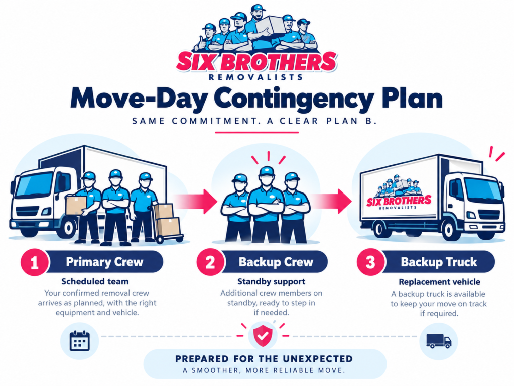 How to hire a house removalist with Six Brothers Removalists contingency diagram showing primary crew, backup crew and backup truck