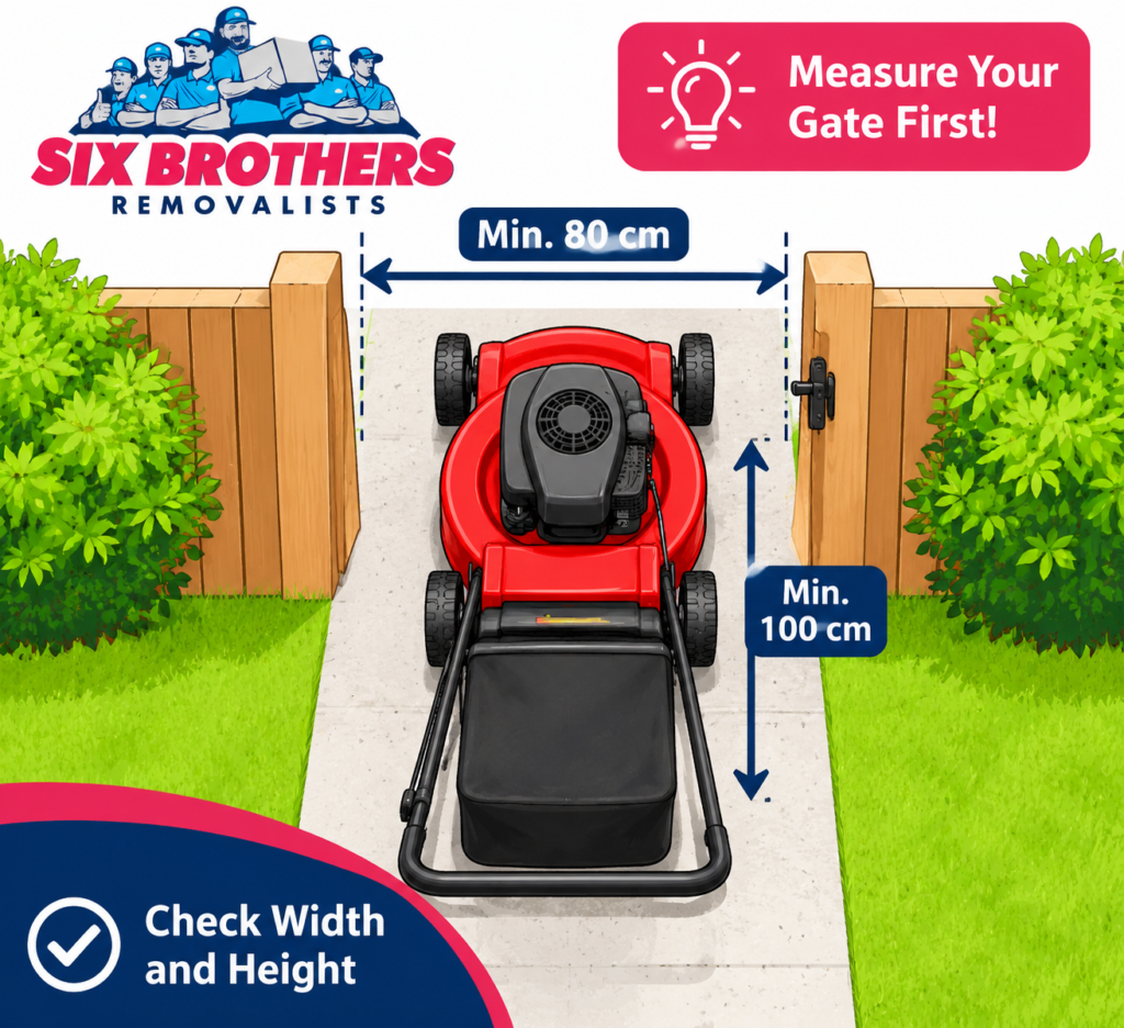 How to pack garden tools for moving: lawn mower gate clearance illustration by Six Brothers Removalists.