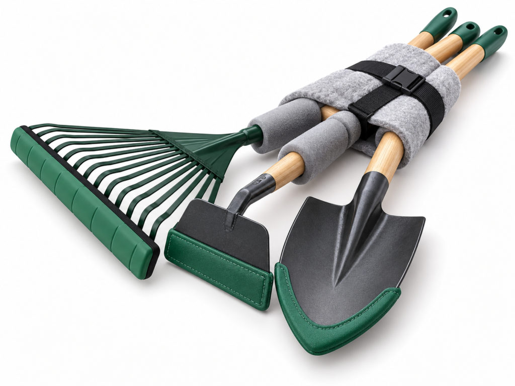 How to pack garden tools for moving with safe edge guards and bundled rake, hoe and spade by Six Brothers Removalists.