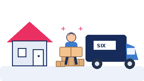 Animated removalist packing boxes beside a truck for Six Brothers Removalists' kitchen packing checklist Sydney