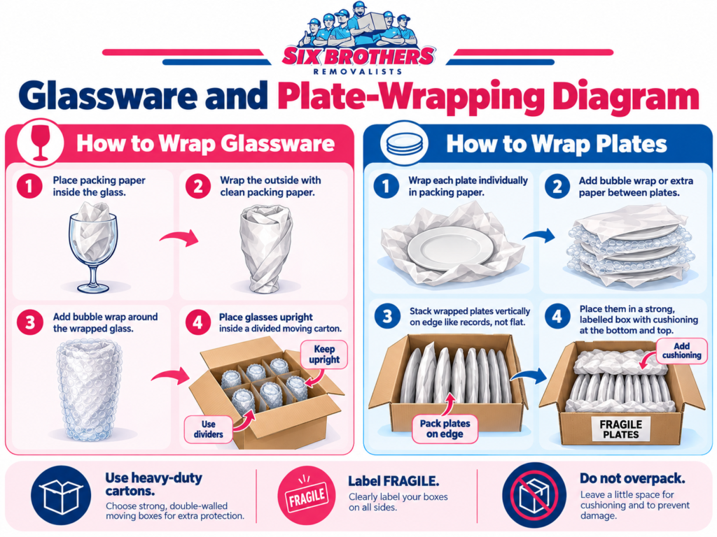 Glassware and plate-wrapping diagram for kitchen packing checklist Sydney by Six Brothers Removalists
