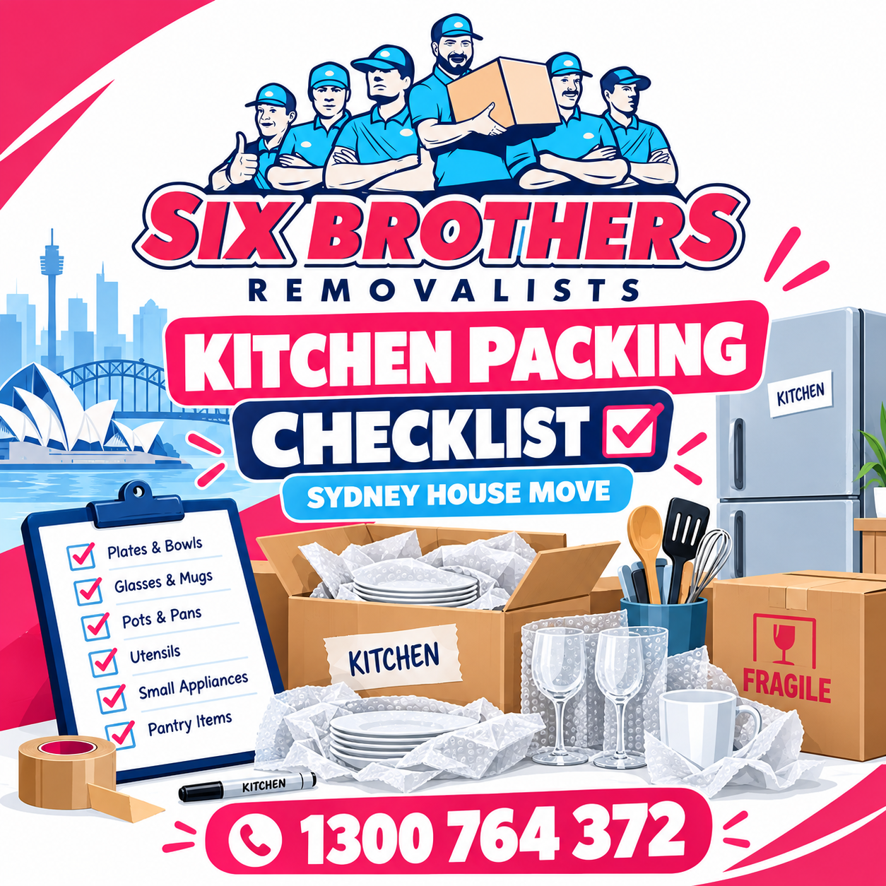Kitchen packing checklist Sydney by Six Brothers Removalists showing labelled moving boxes, wrapped dishes and packing supplies