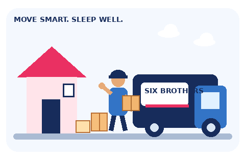 Animated master bedroom first move checklist by Six Brothers Removalists showing a mover carrying boxes to a truck.