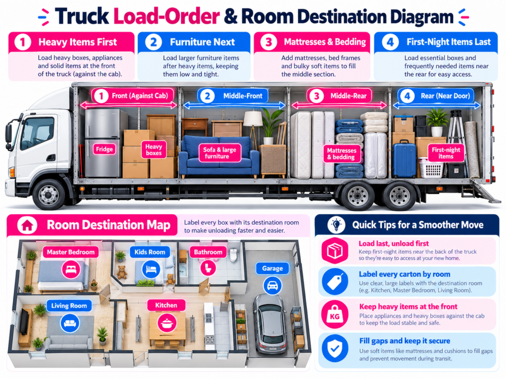 Master bedroom first move checklist diagram by Six Brothers Removalists showing truck load order and room destinations.