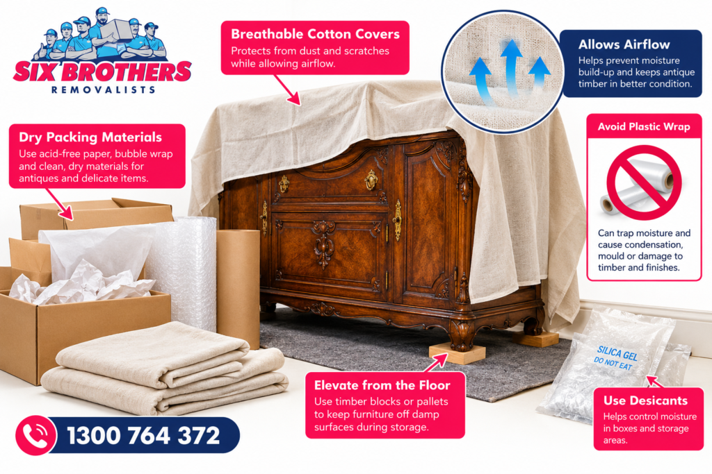 Packing materials for heritage homes by Six Brothers Removalists, showing breathable cotton covers protecting antique timber.
