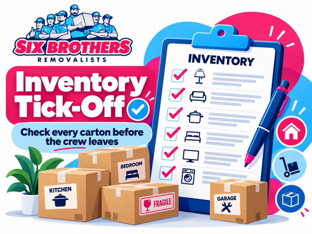 Move-in walkthrough checklist Sydney by Six Brothers Removalists showing an inventory checklist and labelled moving cartons.