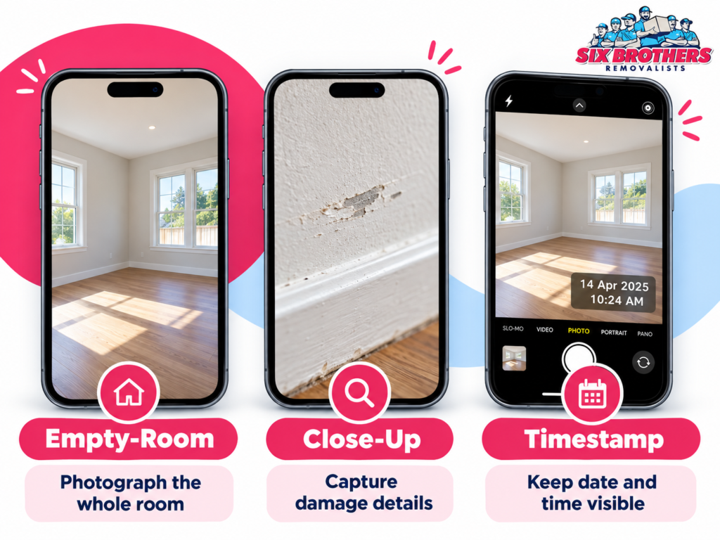 Move-in walkthrough checklist Sydney graphic by Six Brothers Removalists showing empty-room, close-up and timestamp phone photos.